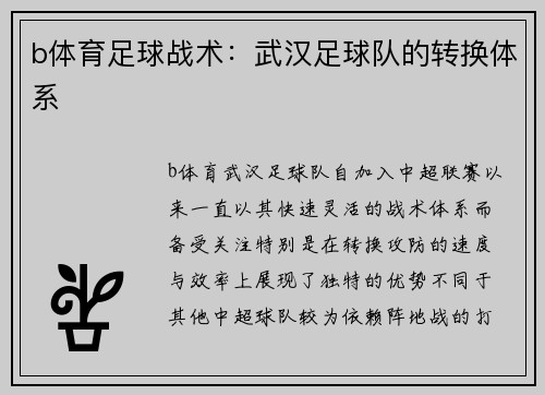 b体育足球战术：武汉足球队的转换体系